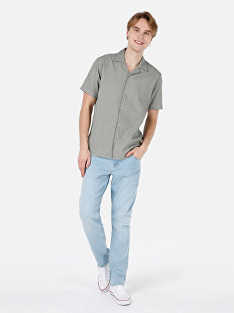 Normal Kesim Shirt Yaka Cepsiz Yeşil Erkek Kısa Kol Gömlek Cl1066937