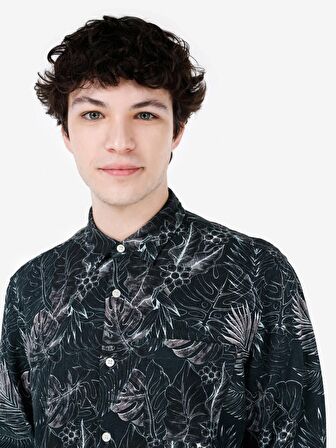 Normal Kesim Shirt Yaka Yeşil Erkek Uzun Kol Gömlek