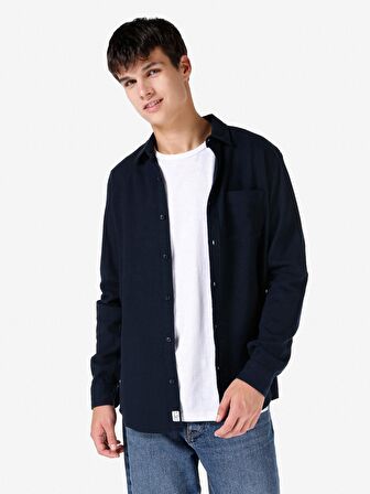 Normal Kesim Shirt Yaka Lacivert Erkek Uzun Kol Gömlek Cl1067015