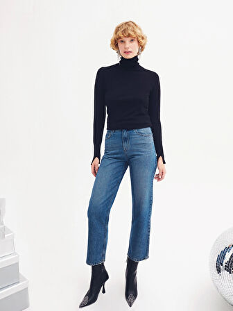 Regular Fit Yüksek Bel Geniş Paça Mavi Kadın Pantolon Cl1067233