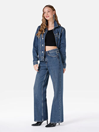Regular Fit Yüksek Bel Geniş Paça Mavi Kadın Pantolon Cl1067233