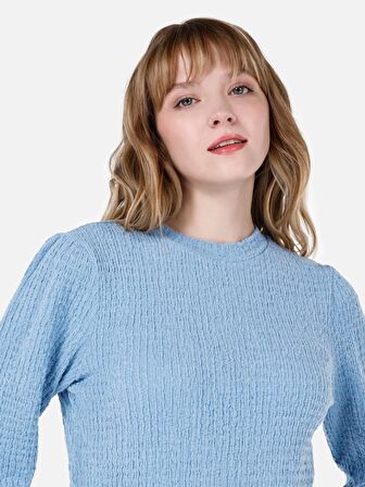 Normal Kesim Bisiklet Yaka Mavi Kadın Uzun Kol Tişört Cl1067268
