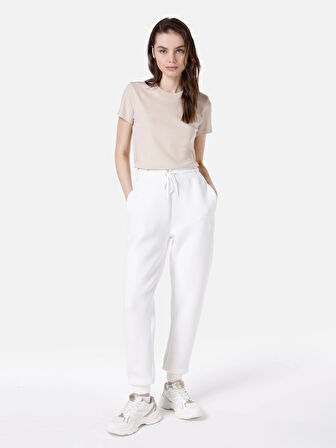 Slim Fit Orta Bel Baskılı Kadın Beyaz Eşofman Altı