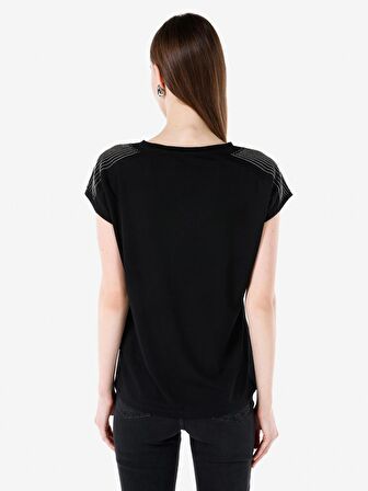 Normal Kesim Bisiklet Yaka Siyah Kadın Kısa Kol Tişört Cl1067289