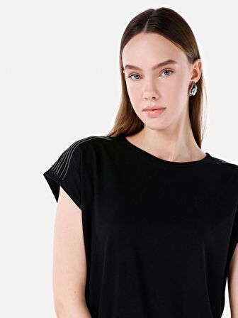 Normal Kesim Bisiklet Yaka Siyah Kadın Kısa Kol Tişört Cl1067289