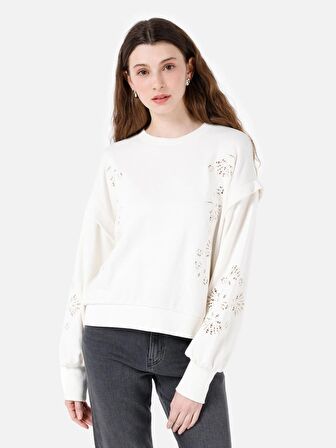 Normal Kesim Bisiklet Yaka Beyaz Kadın Sweatshirt Cl1067316
