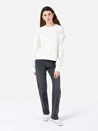Normal Kesim Bisiklet Yaka Beyaz Kadın Sweatshirt Cl1067316