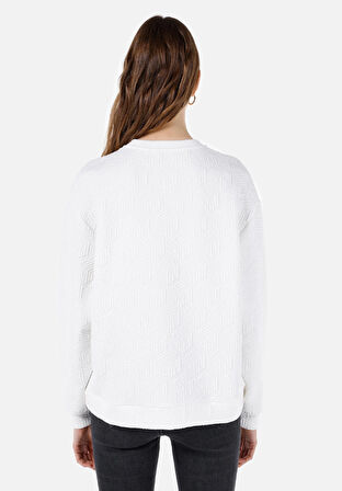 Regular Fit Yuvarlak Yaka Jakarlı Kadın Beyaz Sweatshirt