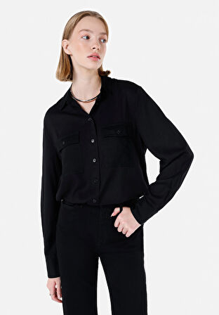 Regular Fit Shirt Neck  Kadın Siyah Uzun Kol Gömlek Cl1067341