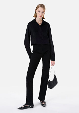 Regular Fit Shirt Neck  Kadın Siyah Uzun Kol Gömlek Cl1067341
