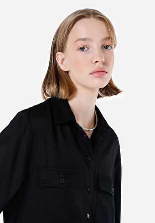 Regular Fit Shirt Neck  Kadın Siyah Uzun Kol Gömlek Cl1067341