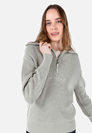 Regular Fit Fermuarlı Düz Kadın Yeşil Kazak