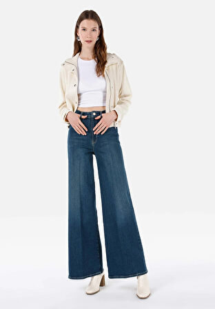 Regular Fit Yüksel Bel Süper Geniş Paça Kadın Mavi Jean Pantolon