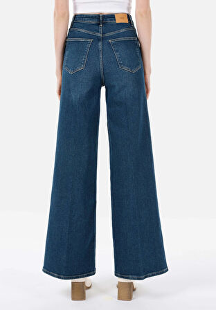 Regular Fit Yüksel Bel Süper Geniş Paça Kadın Mavi Jean Pantolon