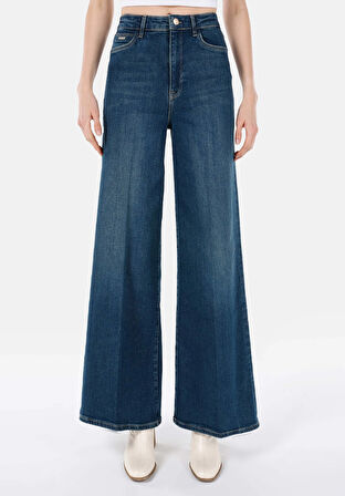 Regular Fit Yüksel Bel Süper Geniş Paça Kadın Mavi Jean Pantolon