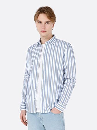 Dar Kesim Shirt Yaka Mavi Erkek Uzun Kol Gömlek