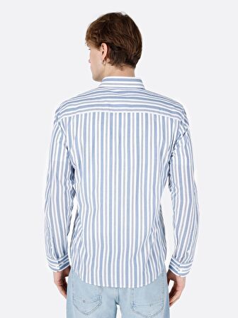 Dar Kesim Shirt Yaka Mavi Erkek Uzun Kol Gömlek