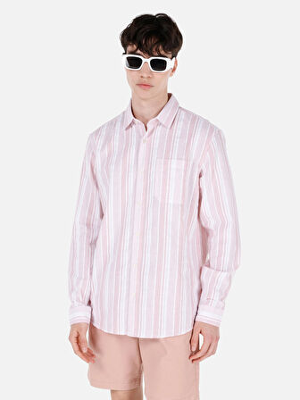 Regular Fit Shirt Yaka Desenli Pembe Erkek Uzun Kol Gömlek