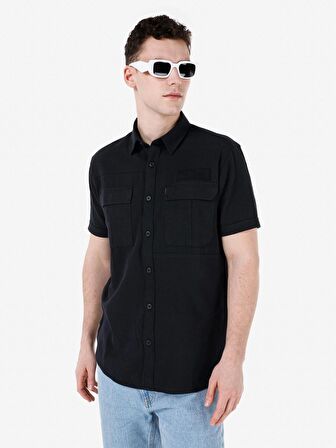 Normal Kesim Shirt Yaka Siyah Erkek Kısa Kol Gömlek