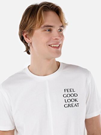 Normal Kesim Bisiklet Yaka Baskılı Beyaz Erkek Kısa Kol Tişört Cl1067613