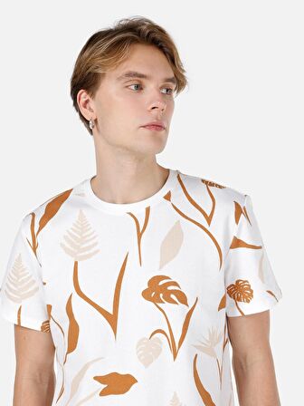 Normal Kesim Bisiklet Yaka Baskılı Beyaz Erkek Kısa Kol Tişört Cl1067614