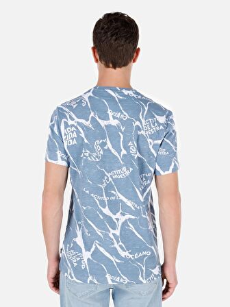 Normal Kesim Bisiklet Yaka Baskılı Mavi Erkek Kısa Kol Tişört