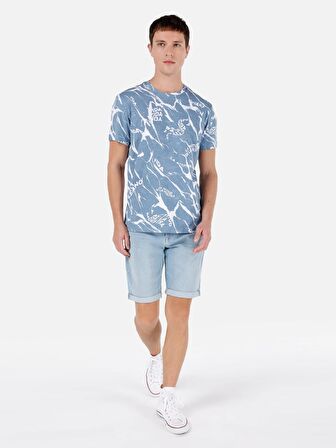 Normal Kesim Bisiklet Yaka Baskılı Mavi Erkek Kısa Kol Tişört