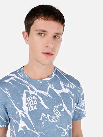 Normal Kesim Bisiklet Yaka Baskılı Mavi Erkek Kısa Kol Tişört