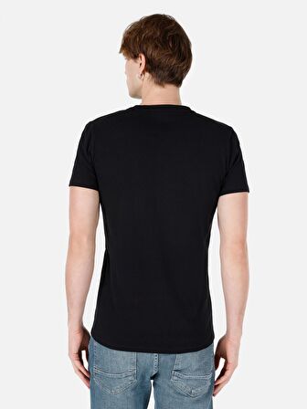 Dar Kesim Bisiklet Yaka Baskılı Siyah Erkek Tshirt K.Kol