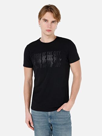 Dar Kesim Bisiklet Yaka Baskılı Siyah Erkek Tshirt K.Kol