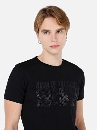 Dar Kesim Bisiklet Yaka Baskılı Siyah Erkek Tshirt K.Kol