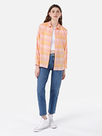 Normal Kesim Shirt Yaka Turuncu Kadın Uzun Kol Gömlek