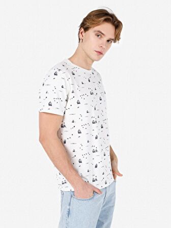 Normal Kesim Bisiklet Yaka Baskılı Beyaz Erkek Kısa Kol Tişört Cl1067698