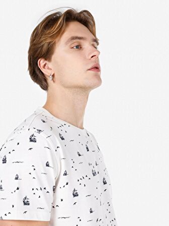 Normal Kesim Bisiklet Yaka Baskılı Beyaz Erkek Kısa Kol Tişört Cl1067698