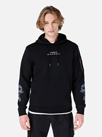 Normal Kesim Kapüşonlu Fermuar Cepli Baskılı Siyah Erkek Sweatshirt Cl1067705