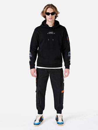 Normal Kesim Kapüşonlu Fermuar Cepli Baskılı Siyah Erkek Sweatshirt Cl1067705
