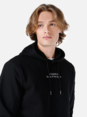 Normal Kesim Kapüşonlu Fermuar Cepli Baskılı Siyah Erkek Sweatshirt Cl1067705
