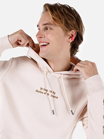 Normal Kesim Kapüşonlu Fermuar Cepli Baskılı Ekru Erkek Sweatshirt Cl1067705