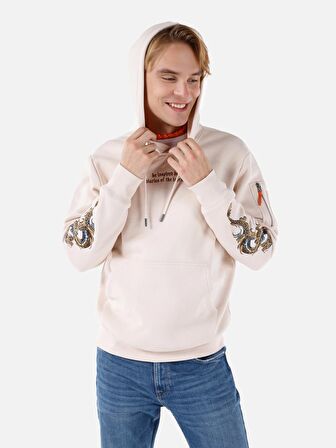 Normal Kesim Kapüşonlu Fermuar Cepli Baskılı Ekru Erkek Sweatshirt Cl1067705