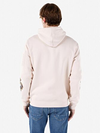 Normal Kesim Kapüşonlu Fermuar Cepli Baskılı Ekru Erkek Sweatshirt Cl1067705