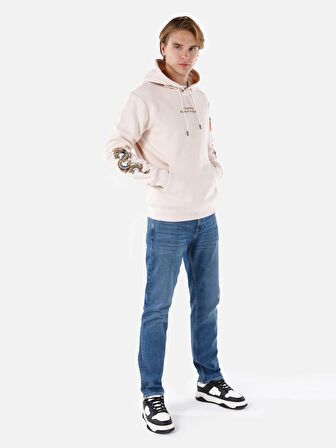Normal Kesim Kapüşonlu Fermuar Cepli Baskılı Ekru Erkek Sweatshirt Cl1067705