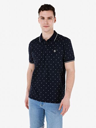 Normal Kesim Polo Yaka Baskılı Lacivert Erkek Kısa Kol Tişört