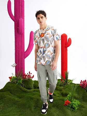 Normal Kesim Bisiklet Yaka Baskılı Bej Erkek Kısa Kol Tişört Cl1067731