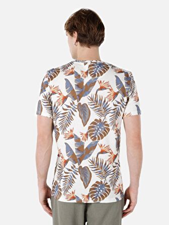 Normal Kesim Bisiklet Yaka Baskılı Bej Erkek Kısa Kol Tişört Cl1067731