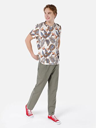 Normal Kesim Bisiklet Yaka Baskılı Bej Erkek Kısa Kol Tişört Cl1067731