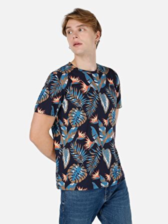 Normal Kesim Bisiklet Yaka Baskılı Lacivert Erkek Kısa Kol Tişört Cl1067731