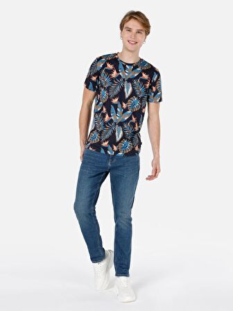 Normal Kesim Bisiklet Yaka Baskılı Lacivert Erkek Kısa Kol Tişört Cl1067731