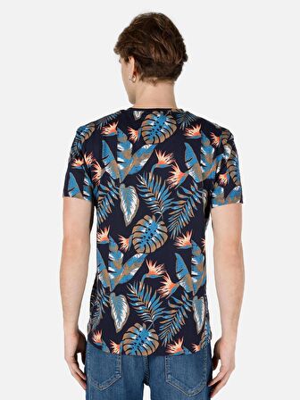 Normal Kesim Bisiklet Yaka Baskılı Lacivert Erkek Kısa Kol Tişört Cl1067731