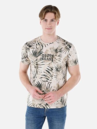 Normal Kesim Bisiklet Yaka Baskılı Bej Erkek Kısa Kol Tişört Cl1067738