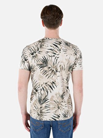 Normal Kesim Bisiklet Yaka Baskılı Bej Erkek Kısa Kol Tişört Cl1067738